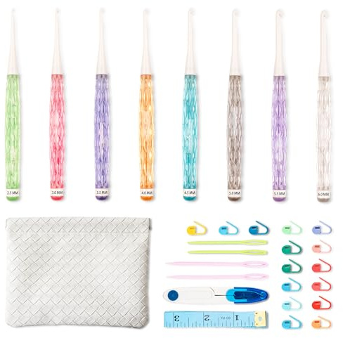 Ruidi Kit Crochet Tricot 8 tailles (2,5–6,0 mm), Kit Tricot Débutant Adulte Complet Avec Accessoires Crochet et Étui (Manche Cristal Taillé, 8 Tailles)