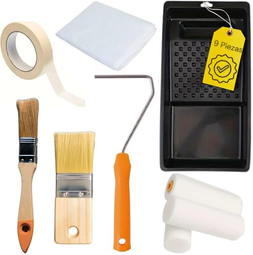 Kit Rodillo Espuma Pintura Pared, Muebles-Techo con Rodillos de Espuma, Cinta de Carrocero, Brochas Pintura, Plastico Protector Cubeta- Kit de pintura para esmaltes, pinturas plásticas y decorativas