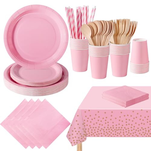 PYAILI Stoviglie per Feste 169 Pezzi Rosa Chiaro Festa della Addobbi Ragazza di Compleanno dei Dambini Articoli per Feste Set Include Piatto Carta Party Tazze Tovaglioli -24 Ospiti