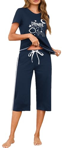 Terecey Ensembles de Pyjama Femme Ete en Coton Vêtements de Nuit Col Rond 2 Pièces Ensemble Femme Short et Haut Doux Confortable, Bleu Marine, XL