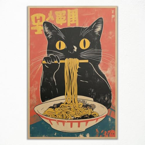 Poster vintage giapponese di gatto su tela, arte da parete, motivo gatto nero che mangia, stile retrò, divertente animale, per cucina, sala da pranzo, decorazione da parete, 30 x 40 cm, senza cornice
