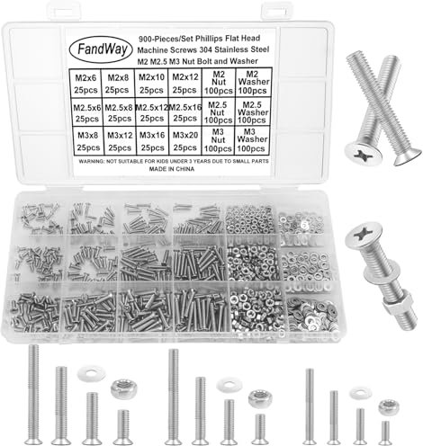 FandWay 900Pcs Bolts and Nuts Set,M2 M2.5 M3 Countersunk Machine Screws,DIN 965 Cross Flat Head Screws,304 Stainless Steel Bolts and Washers Set Phillips Drive Fully Threaded With Storage Box.