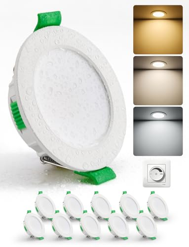 HOMEOW Downlight LED Regulable, 4W Interior Focos Techo Empotrable Blanco Cálido 2700K, Natural 4000K y Frío 6000K, Ojos de Buey IP44 Baño, Apertura 55-68mm, Extraplano 29mm, Pack 10