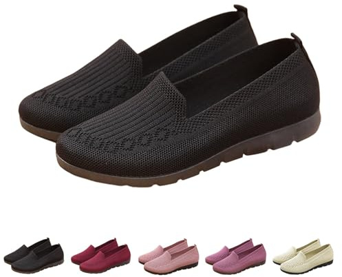UK 7.5 Women's Knitted Flat Shoes Extra Wide Eee Fit Lightweight Comfortable Loafers Women Footwear Slip on Casual Breathable Mesh Walking Shoes Low-Top Round Toe Trainers A0_Black Clearance