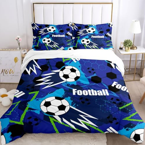 TSOPEFI Juego de ropa de cama infantil de fútbol 135x200, juego de funda nórdica 3D con diseño de fútbol para niños y adolescentes, azul, verde, funda nórdica suave y cómoda para adultos y niños (C