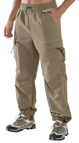 APTRO Mens Cargo Trousers Baggy Joggers Water Resistance Outdoor Hiking Cuffed Casual Pants with 5 Pockets Dark Khaki M