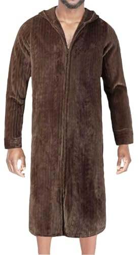 Générique Pyjama Peignoir d'hiver en Velours Corail pour Homme Moelleux Confortable à Capuche rembourrée Fermeture éclair épais Long (Coffee, XL)