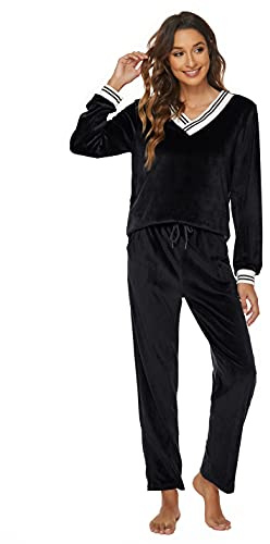 Ietaoo velour träningsoverall dam pyjamas tvådelad joggingdräkt sportdräkt vinter V-ringad tröja och byxor Nicki hemmadräkt pyjamasset, svart, S
