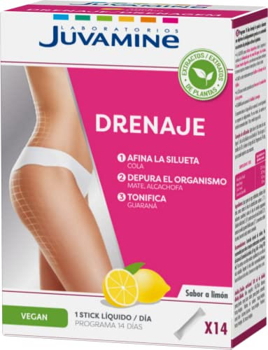 JUVAMINE - Programa 14 Días Drenaje - 14 Sticks Líquidos - Sabor Limón - Ayuda a la Eliminación de Líquidos y Toxinas - Tonifica - Detox - Alcachofa - Mate - Cola - Guaraná - Formato Práctico