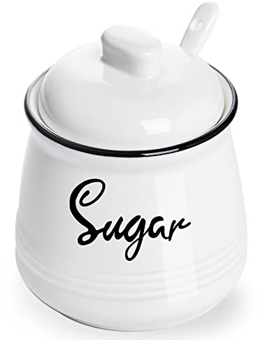 HAOTOP Farmhouse Porcelain Sugar Bowl with Lid and Spoon 12oz,Easy to Clean (White)