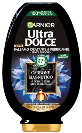 Garnier Ultra Dolce Carbone Magnetico, Balsamo Purificante e Idratante, 97% Origine Naturale, per Cute Grassa e Lunghezze Secche, Senza Siliconi, 250 ml