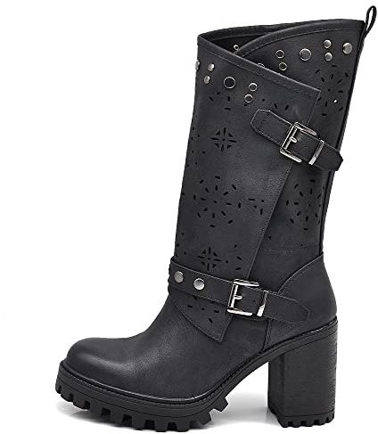 IF FASHION Stivaletti Tronchetti Da Donna Con Tacco Grosso Plateau Borchie Pelle Sintetica G669 nero N.40