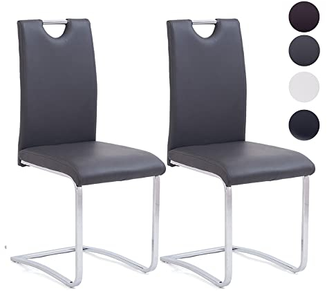 Mingone Schwingstuhl Freischwinger Stühle 2er Set Esszimmerstühle Modern Küchenstühle Kunstleder mit Verchromt Beine Griffmulde und Hoher Lehne für Wohnzimmer Grau bis 120kg