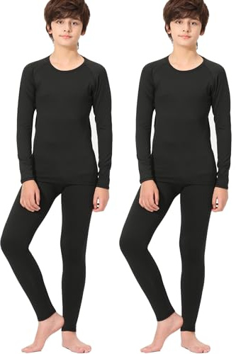 Rolimaka 2 Pack Youth Boys' Thermal Underwear Set Fleece Lined Compression Shirt Leggings Sports Tights Pants Big Kids' Base Layer M