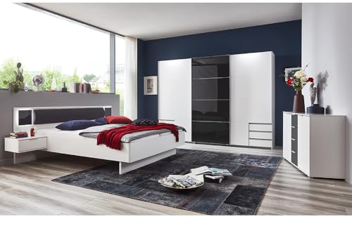 Schlafzimmer Set 3-teilig mit Bett 160x200, LED-Beleuchtung, Schwebetürenschrank 273cm mit Passepartout, Kommode in weiß mit Graphit