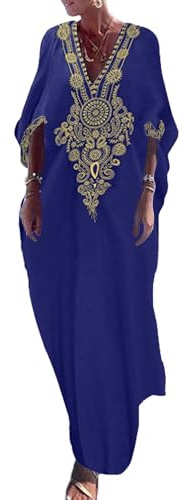 Bsubseach Bordado de Oro Largo Kaftan Vestidos Cuello en V Caftan Vestido de Playa Cover Ups para Mujer Azul Marino