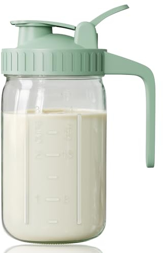 Breast Milk Pitcher, Mason Jar 32 oz, Heavy Duty Wide Mouth Jar with Green Flip Cap Lid and Pour Spout, Airtight Seal for Freshness and Convenience, Great for Cold Beverages and Home Entertaining