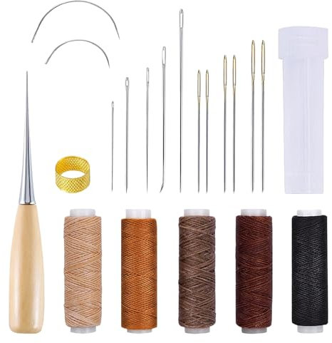 21 Ledernadel Wachsfaden, Ledernadel und Gewachstes Garn, Teiliges Ledernäh Set Inklusive 5 Rollen Wachsfaden Sattlergarn Nähahle Verschiedene Nadeln und Fingerhut, Reparatur und Lederhandwerks Kit