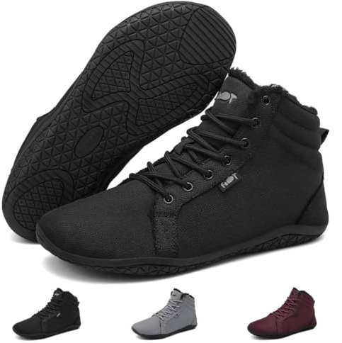 Wizshoe Barfußschuhe Herren Damen Winterschuhe Frühling Gefüttert Barfussstiefel Barfuss Sneaker Breite Zehenbox Barfuß Schuhe Warm Outdoor Fitnessschuhe Minimalist Kurze Übergangsschuhe Schwarz 38 EU
