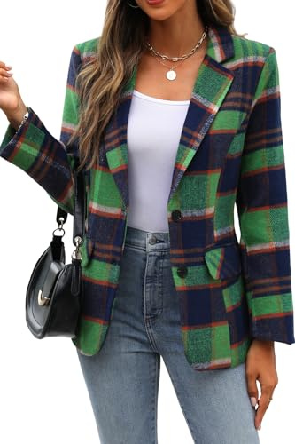 ELLEVEN Womens Casual Plaid Blazer Lapel Collar Double Button Long Sleeve Boyfriend Blazer Suit Houndstooth Plaid Blazer Jacket Business Work Office Blazer Suits Blue Green Plaid X-Large