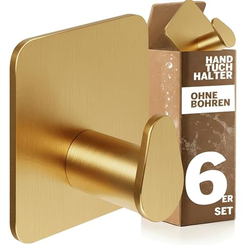 Menz Handtuchhalter Ohne Bohren, 6er Set Klebehaken, Golden | Badezimmer Handtuchhaken aus Edelstahl, Wasserfeste Klebehaken, Haken selbstklebend, hohe Tragkraft, Haken für Küche und Bad