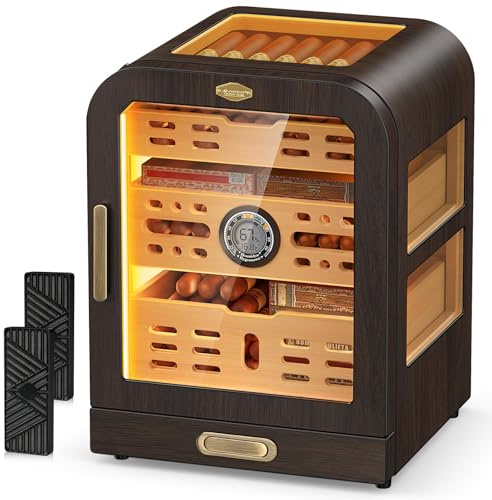 USEWIRE Humidor per sigari, 3 finestre laterali, cassetto in legno di cedro, con sistema di illuminazione a LED, termometro digitale e 2 umidificatori per sigari, custodia per sigari in vetro per 80