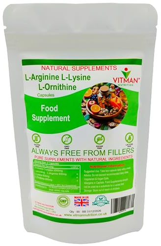 L-Arginine, L-Lysine, L-Ornithine, Tri-Amino Complex -1000mg Capsules - Synergistic Sports Bodybuilder Supplement, Gym & Muscle Mass Support (90)