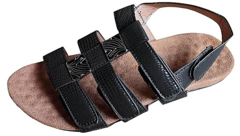 Sandales de gladiateur romaines pour femme - Sandales plates à bout ouvert pour femme - Crochet et boucle - Chaussures décontractées pour pieds enflés - Mules antidérapantes rétro en bois avec soutien