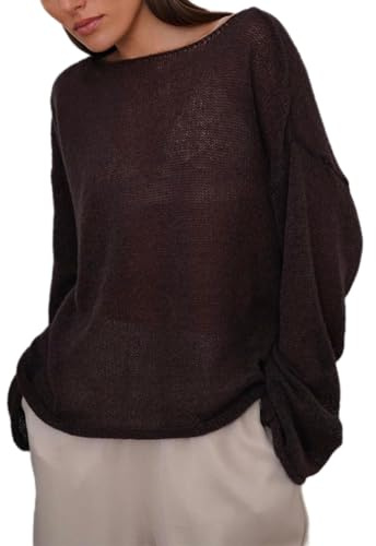 LIEROLYE Pull En Maille Transparente Pour Femme, Sweat Oversize Léger Et Transparent, Pulls Décontracté À Manches Longues Et Ajouré(Brown,M)