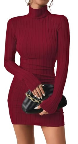 Womens Jumper Dress Turtle Neck Long Sleeve Knit Sweater Bodycon Midi Dress