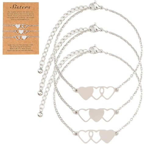 CEJAS 3 Piezas Pulsera de la Amistad para 3 con Colgantes de Corazón, Pulsera BFF para Niñas y Mujeres, Regalo de Cumpleaños ideal para la Mejor Amiga(Argenté)