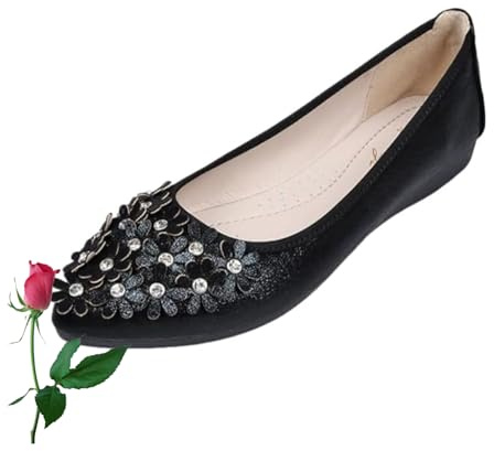 Ballerine da donna comode casual a punta punta con strass da sposa scarpe basse con cristalli scintillanti scarpe da passeggio, Nero , 37 EU
