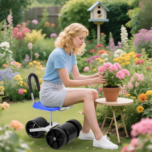 SwiftPath Tabouret de Jardin à roulettes, Chariot de Jardin Roulant, siège pivotant réglable en Hauteur, Scooter de Jardin Portable, siège de Jardinage Robuste, supporte 150 kg (Bleu)