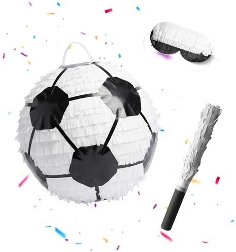 Relaxdays Pinata fotboll, set med stav & mask, festpinata barn, födelsedag, för fyllning, D: 25 cm, vit-svart