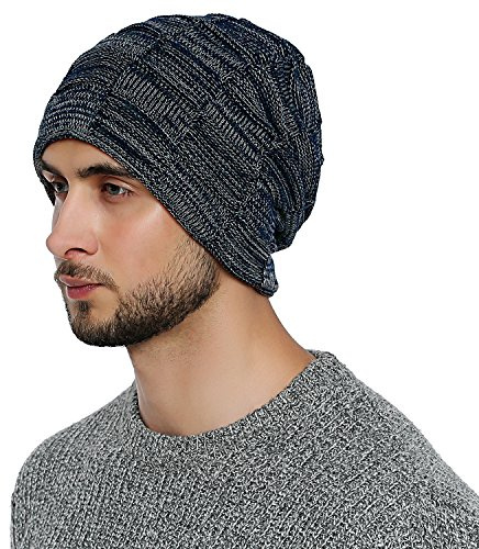 DonDon Bonnet homme hiver Slouch Beanie Bonnet laine avec doublure chaude en polaire extra-douce - Navy blue Blanc