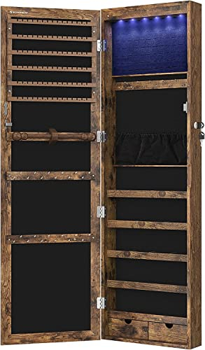 SONGMICS Schmuckschrank, Wand-Aufbewahrungsmöbel für Halsketten, Ohrringe, Zubehörschrank, mit Spiegel, verschiedene Fächer, abschließbar, rustikales Braun JJC93CB