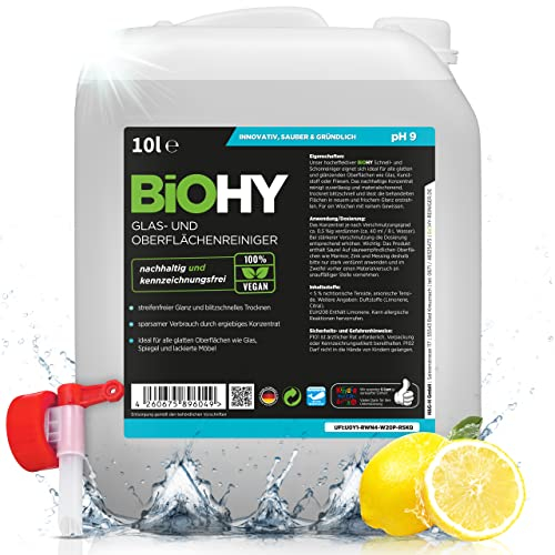 BiOHY Glas- und Oberflächenreiniger (10 Liter Kanister) + Auslaufhahn | Glasreiniger Konzentrat für streifenfreien Glanz | ergiebiger Glas & Kunststoffreiniger | Fettlöser & Kalkreiniger