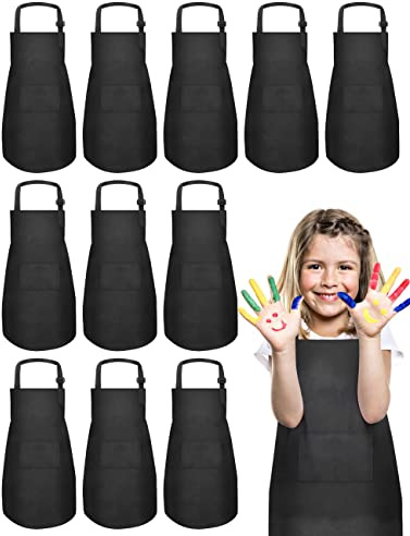 IAGBIBUI 12 Pack Kids Aprons Bulk with 2 Pockets Adjustable Chef Art Apron Kids Painting Aprons for Cooking Baking Crafting Grilling for Boys Girls Age 6-13 Years(Black)