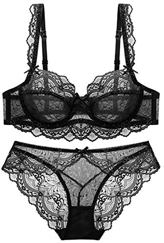 WEITING Ensemble de sous-vêtements sexy en dentelle ultra fine soutien-gorge et culotte grande taille ensemble lingerie femmes soutien-gorge A B C D E bonnet 95C 95D-noir, 95D