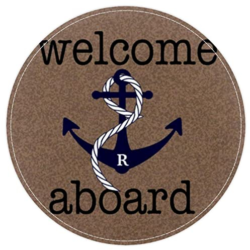 VBFOFBV Maschinenwaschbarer runder Teppich für den Innenbereich, ultraweich, Schlafzimmerboden, Sofa, Wohnzimmer, Wohnheim, Kleiner runder Teppich,Anker Ozean Vintages Muster Willkommen an Bord