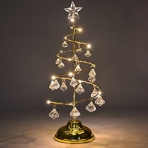 Christmas Crystal Tree Lights 13 Inch Tabletop Christmas Tree Decoration Christmas Tree Lamp with LED and Crystal Pendant Christmas Desktop Decoration for Home Wedding Party Winter Decor (Gold)