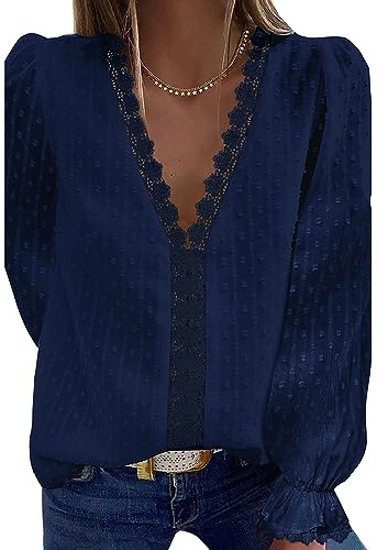 Coloody Femme Tee Shirt en Dentelle Col en V, Manches Courtes Loisirs D'été Tunique Jacquard Blouse Amples Caraco Tops Chemisiers à La Mode