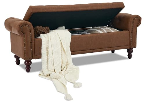 SOFTHION 58.1 Storage Bench Upholstered PU Leather End of Bedroom Bed Bench Ottoman with Tufted Cushioned Rolled Arm Large Storage Space for Reading Living Room Entryway, Brown