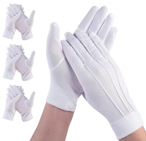 Parastar 4 par vita bomullshandskar i nylon, vita ceremonihandskar med knapp, rökhandskar med 3 trådar, bomullshandskar i nylon för polis, formell rökning, hedersskydd, 23,5 x 8,5 cm