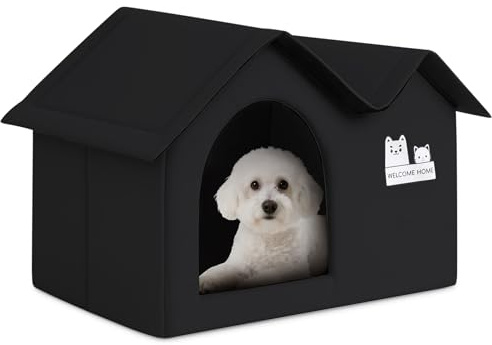 ALLSOPETS Casa para Gatos Plegable de Exterior, Caseta Impermeable para Perros, Refugio Cálido Aislado con Techo Doble para Mascotas Pequeñas y Medianas (Negro Carbón)
