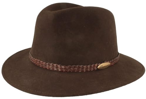 Bred utomhus filt hatt trekking-hatt ullhatt av 100 % ull – hatt vattenavvisande och vikbar – med läderuppsättning – för män och kvinnor, Brun, 58