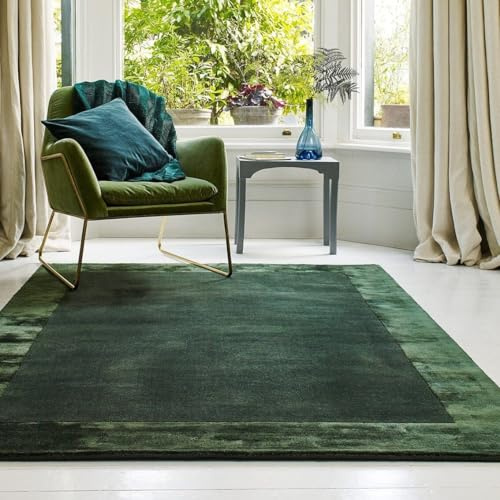 Lord of Rugs Ascot Rug for Living Room Bedroom Soft Wool Plain Hand Woven High Shine Viscose Bordered Rug Green Medium 120x170 cm (4'x5'6)