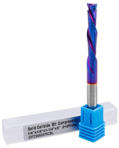 Mesee Up Down Compression Cut Spiral Flush Trim Router Bit 1/4 Shank 2-Flute CNC End Mill Bit Solid Carbide Spiral Bit Up & Down Cut End Mill Cutter Tool, 1-1/4 Cutting Length, 1/4 Cutting Dia.