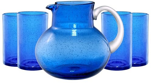 Artland Iris - Brocca in vetro da 2,55 g e bicchiere highball da 500 ml (set di 4), bicchieri realizzati a mano, in vetro senza piombo, design unico con bolle, per servire bevande, cene in casa,