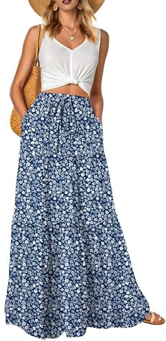 QIXING Gonna da donna in stile bohémien, a vita alta, maxi gonna estiva alla moda floreale carina con tasche